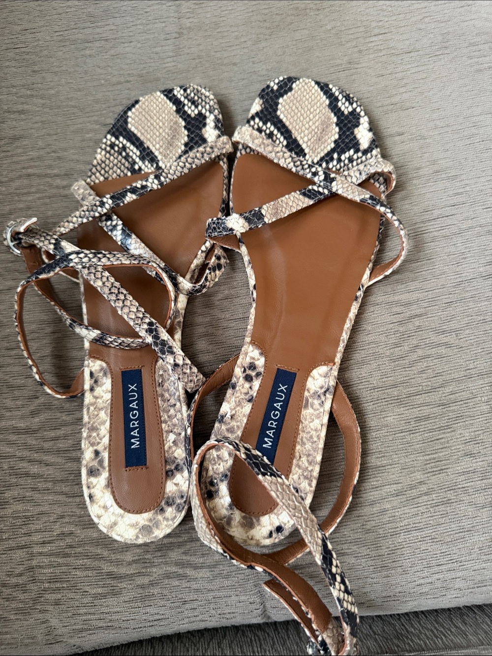 Margaux Snake-Print Strappy Sandals in Beige and Black